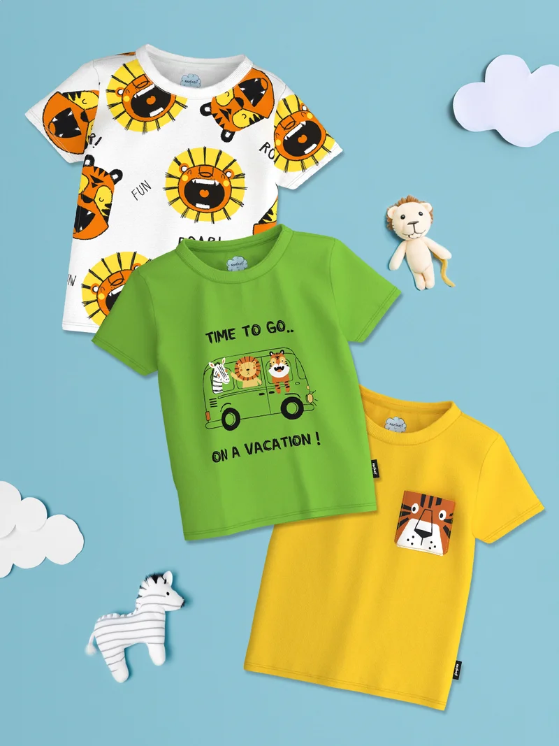 Nautinati Boys' Cotton All-over Animal Printed T-shirt Pack of 3